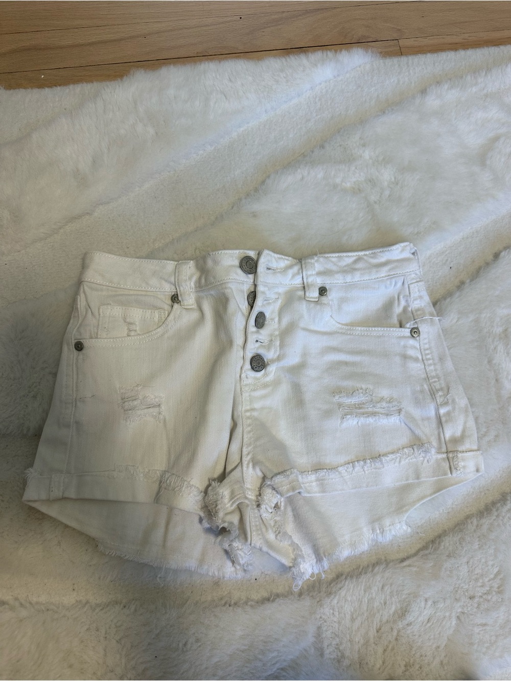 refuge White Distressed Button-Front Denim Shorts